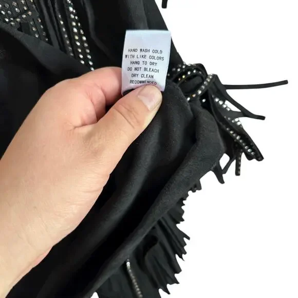 Black Fringe Studded Skirt Medium Western Boho Festival Rodeo Dance Zipper - Picture 8 of 8